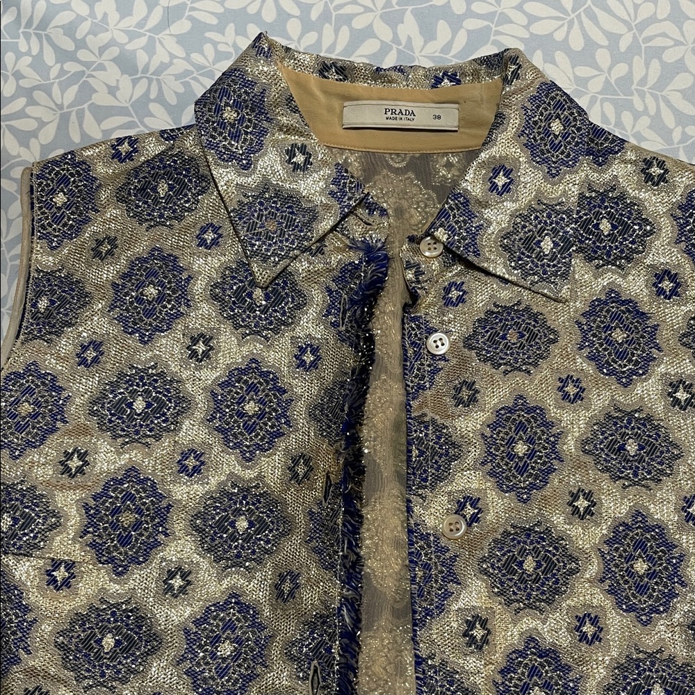 Prada Women’s Brocade Blue and Gold Top